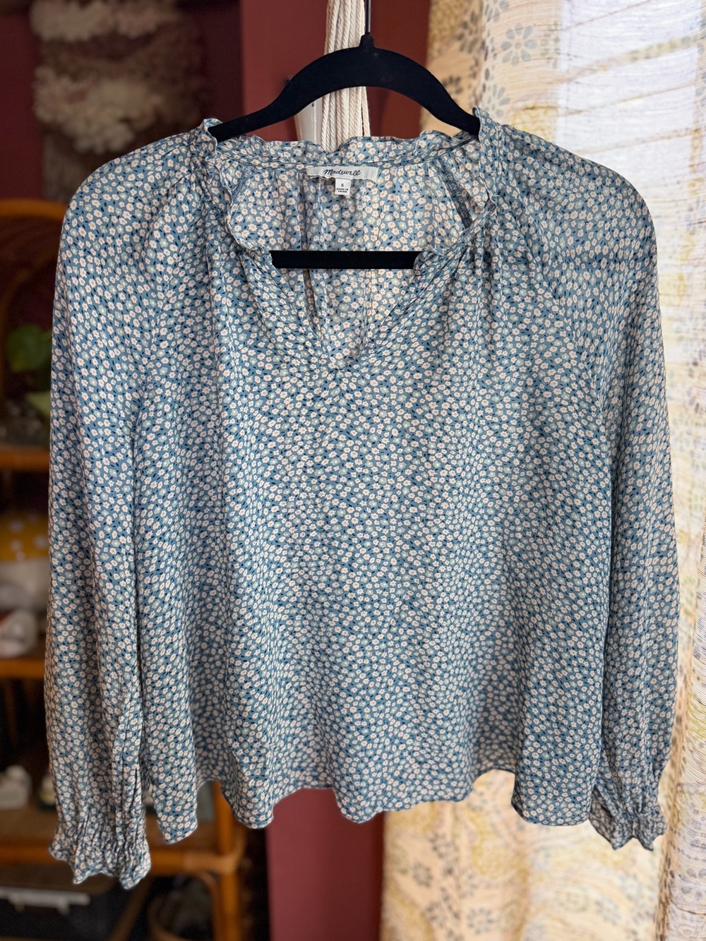 Madewell - Silk Women's Blue Floral Long-Sleeve Blouse